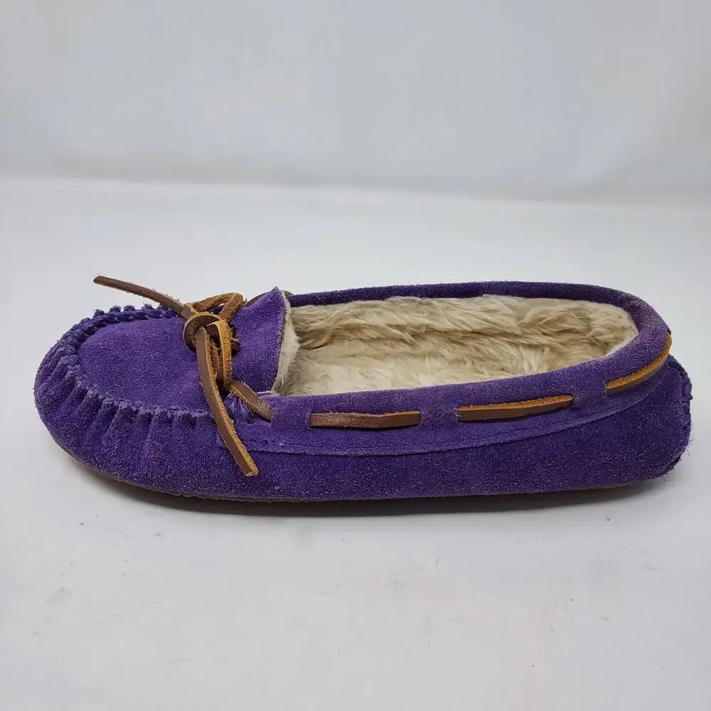 Minnetonka Purple Leather Moccasins Faux Fur Lining Size 2